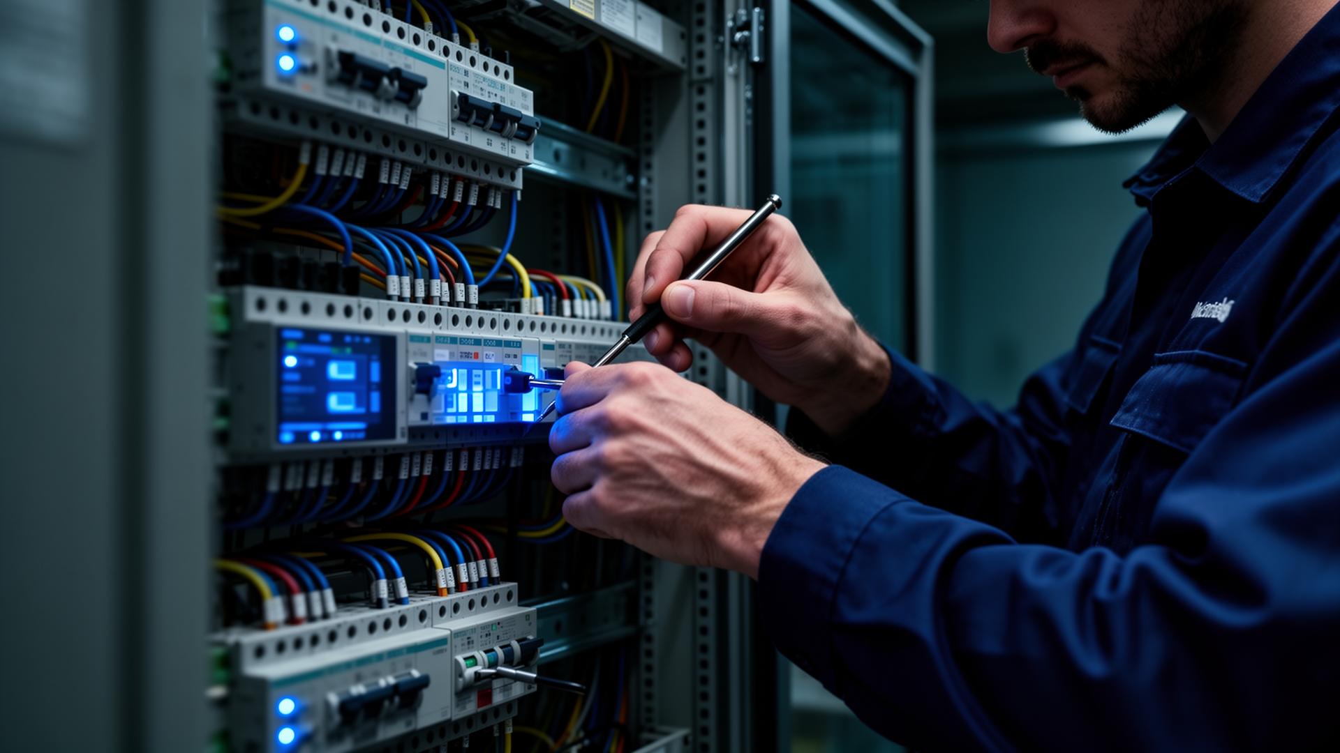 Elektrotechniker bei der Arbeit an einer modernen Schaltanlage